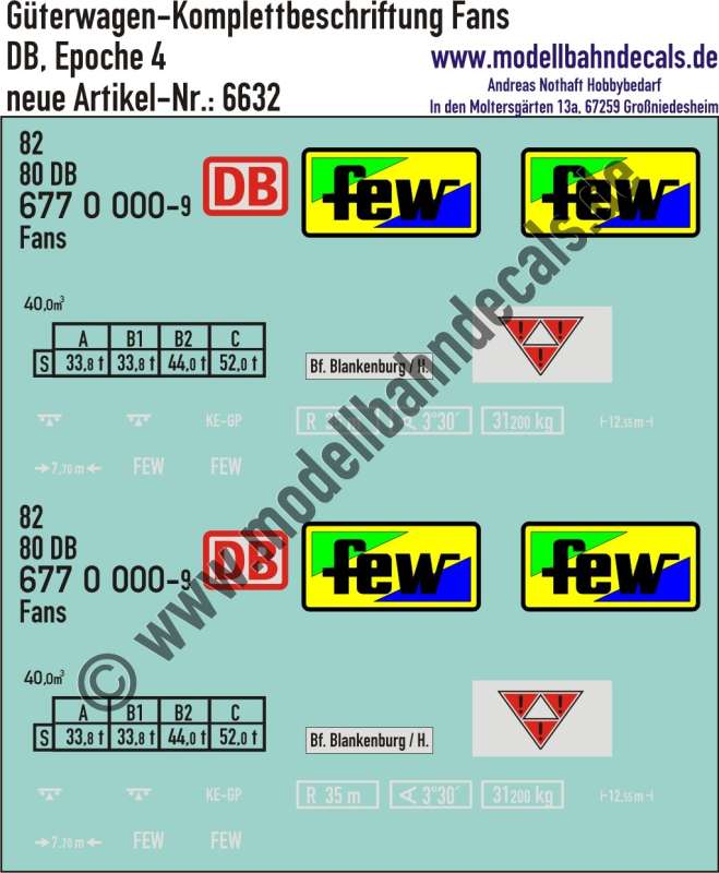 Nass-Schiebebilder: Güterwagen-Komplettbeschriftung Fans 126 (Versuchswagen), DB, Epoche 4. Artikel-Nummer: 6632