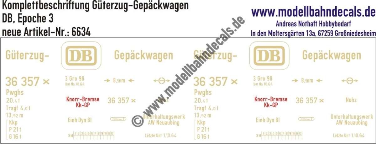Nass-Schiebebilder: Güterzug-Gepäckwagen Komplettbeschriftung, DB, Epoche 3. Artikel-Nummer: 6634