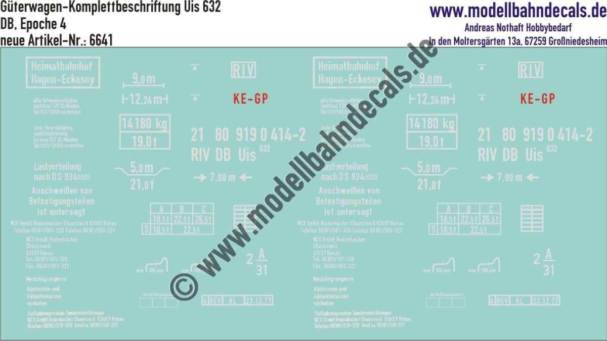 Nass-Schiebebilder: Güterwagen-Komplettbeschriftung Uis 632, DB, Epoche 4. Artikel-Nummer: 6641