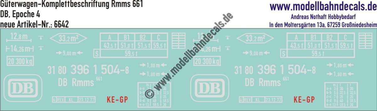 Nass-Schiebebilder: Güterwagen-Komplettbeschriftung Rmms 663, DB, Epoche 4. Artikel-Nummer: 6642