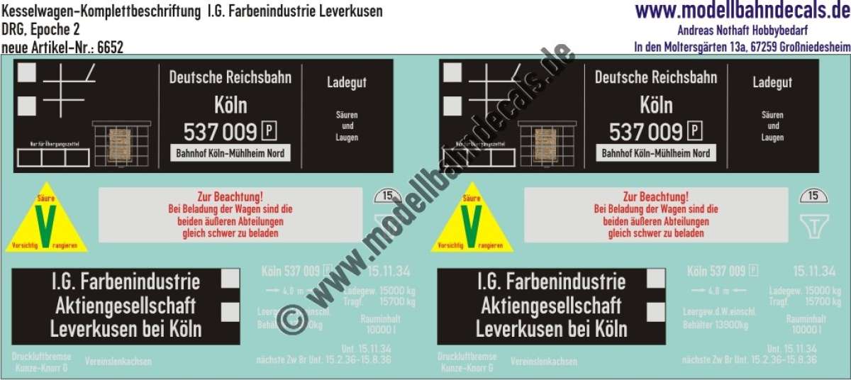 Nass-Schiebebilder: Güterwagen-Komplettbeschriftung Kesselwagen I.G. Farbenindustrie Leverkusen, DRG, Epoche 2. Artikel-Nummer: 6652