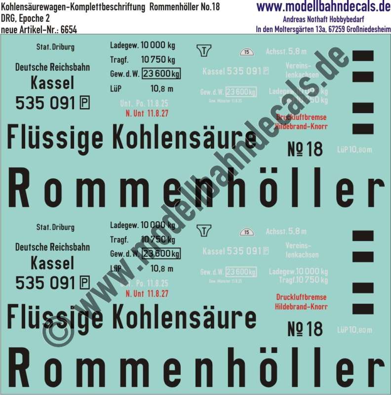 Nass-Schiebebilder: Kohlensäurewagen-Komplettbeschriftung Rommenhöller No. 18, DRG, Epoche 2. Artikel-Nummer: 6654