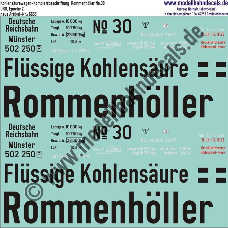 Nass-Schiebebilder: Kohlensäurewagen-Komplettbeschriftung Rommenhöller No. 30, DRG, Epoche 2. Artikel-Nummer: 6655