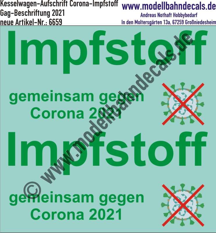 Nass-Schiebebilder: Gag-Beschriftung Corona-Impfstoff für Kessel- oder Kühlwagen, Epoche 6, Artikel-Nr. 6659