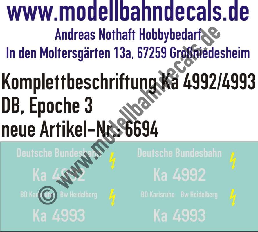 Nass-Schiebebilder: Lok-Komplettbeschriftung Ka 4992/4993, DB, Epoche 3. Artikel-Nummer: 6694