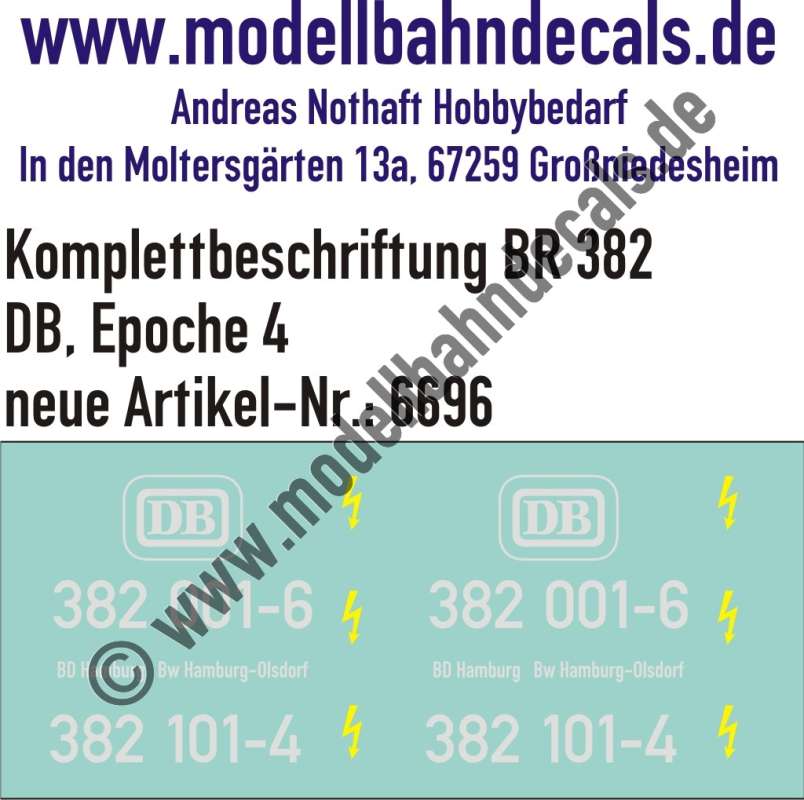 Nass-Schiebebilder: Lok-Komplettbeschriftung BR 382, DB, Epoche 4. Artikel-Nummer: 6696