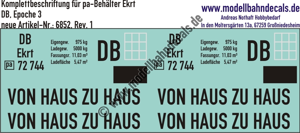 Nass-Schiebebilder: Beschriftungen für 1 pa-Behälter Ekrt der DB - Von Haus zu Haus; DB - Epoche 3. Artikel-Nummer: 6852