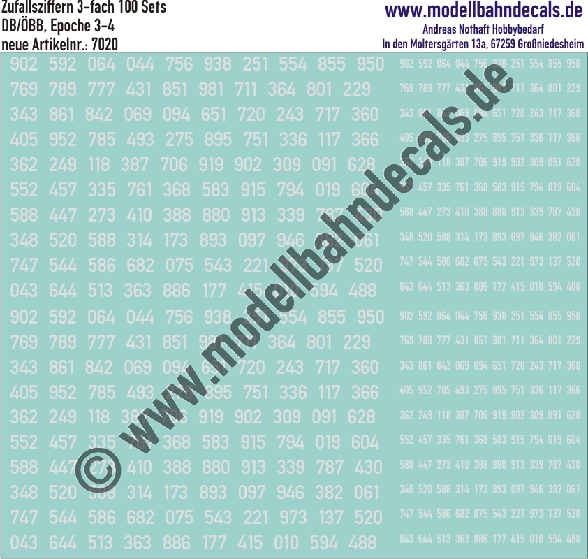 "Nass-Schiebebilder: 100 Ziffern-Sets (Zufallszahlen), 4-fach (2 gross, 2 klein) Weiss, Epoche 3 DB. Artikel-Nummer: 7020"