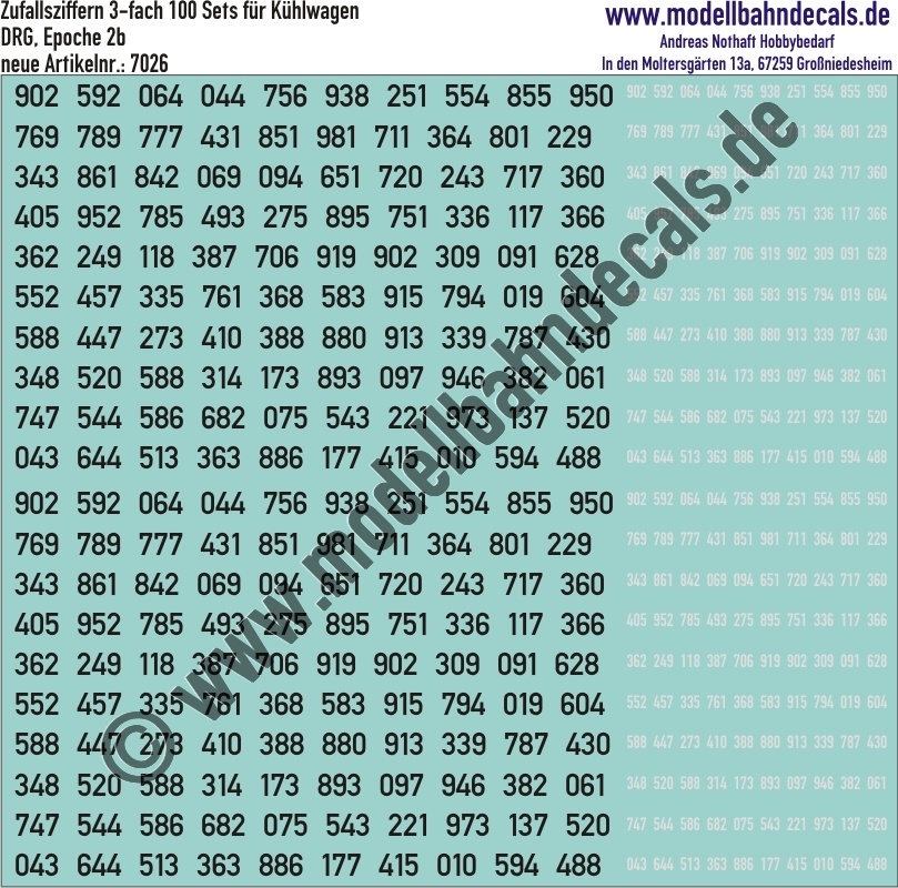 "Nass-Schiebebilder: 100 Ziffern-Sets (Zufallszahlen), 4-fach (2 gross Schwarz, 2 klein Weiss) für Kühlwagen, Epoche 2b, DRG, Ziffernhöhe 120 mm, DIN-Schrift. Artikel-Nummer: 7026"