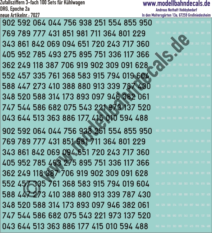 "Nass-Schiebebilder: 100 Ziffern-Sets (Zufallszahlen), 4-fach (2 gross Schwarz, 2 klein Weiss) für Kühlwagen, Epoche 2a, DRG, Ziffernhöhe 133 mm preuss. Schrift. Artikel-Nummer: 7027"