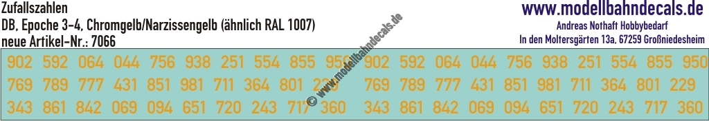 "Nass-Schiebebilder: 30 Ziffern-Sets (Zufallszahlen) 2-fach gross, Chromgelb bzw. Narzissengelb (ähnlich RAL 1007). Artikel-Nummer: 7066"