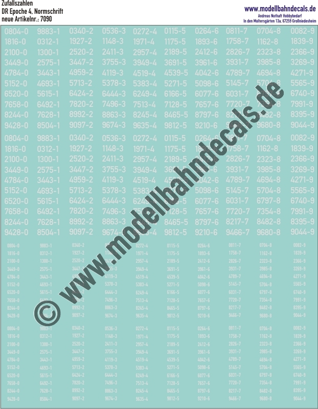"Nass-Schiebebilder: 100 Ziffern-Sets (Zufallszahlen), 4-fach (2 gross, 2 klein) Weiss, Epoche 4 DR Normschrift. Artikel-Nummer: 7090"