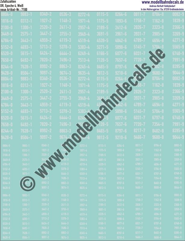 "Nass-Schiebebilder: 100 Ziffern-Sets (Zufallszahlen), 4-fach (2 gross, 2 klein) Weiss, Epoche 4 DR Engschrift. Artikel-Nummer: 7100"
