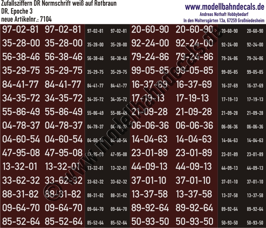 "Nass-Schiebebilder: 30 Ziffern-Sets (Zufallszahlen), 4-fach (2 gross, 2 klein) Weiss auf Rotbraun/Schwarz, Epoche 3 DR. Artikel-Nummer: 7104"