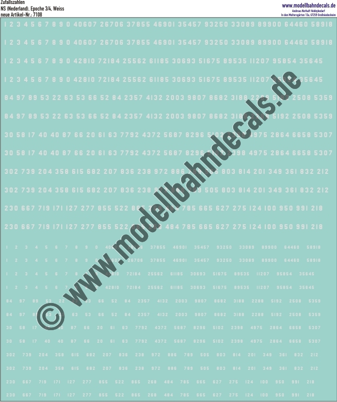 "Nass-Schiebebilder: Zufallszahlen, 4-fach (2 gross, 2 klein) Weiss, Epoche 3/4 NS (Niederlande), je 20 Stück 1-5 stellig, 40 Stück 3-stellig. Artikel-Nummer: 7108"