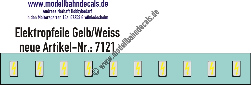 "Nass-Schiebebilder: 10 Stück Elektropfeile Gelb auf Weiss mit Rahmen, Vorbildhöhe 147 mm; geeignet für Lokomotiven. Artikel-Nummer: 7121"