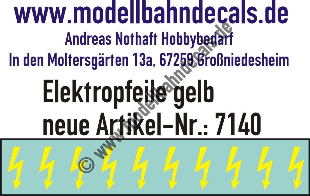 "Nass-Schiebebilder: 10 Stück Elektropfeile Gelb, Vorbildhöhe ca. 180 mm, allgemeine Verwendung - nicht für Lokomotiven. Artikel-Nummer: 7140"