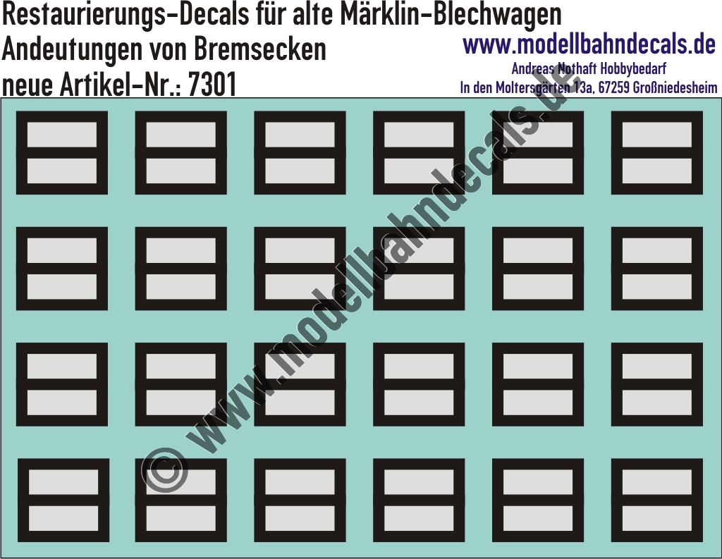 "Nass-Schiebebilder: Restaurierungs-Decals Beschriftungen für alte Blechwagen von Märklin, Andeutung von Bremsecken. Artikel-Nummer: 7301"