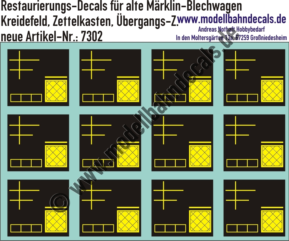 "Nass-Schiebebilder: Restaurierungs-Decals Beschriftungen für alte Blechwagen von Märklin, Kreidefeld, Zettelkasten, Übergangs-Zettel. Artikel-Nummer: 7302"