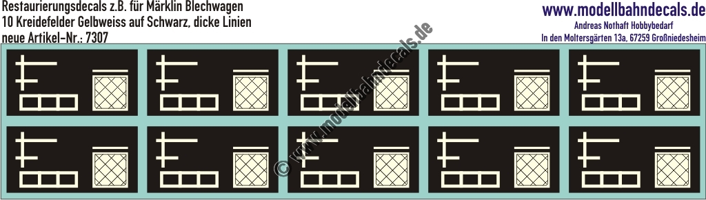 "Nass-Schiebebilder: Restaurierungs-Decals Beschriftungen für alte Blechwagen von Märklin, Kreidefelder, Übergansgzettel, Zettelkasten; dicke Linien. Artikel-Nummer: 7307"