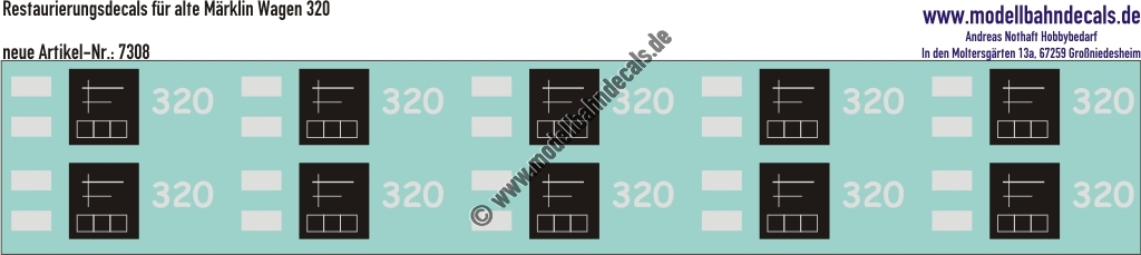 Nass-Schiebebilder: Restaurierungs-Decals Beschriftungen für alte Blechwagen von Märklin Nummer 320. Artikel-Nummer: 7308