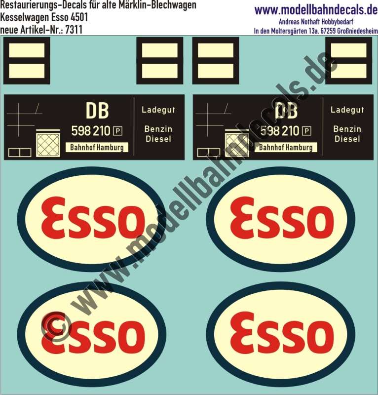 Nass-Schiebebilder: Restaurierungs-Decals Beschriftung (Elfenbein) für Esso-Kesselwagen von Märklin (Nummer 4501). Artikel-Nummer: 7311