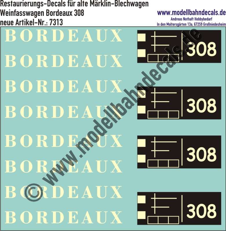 Nass-Schiebebilder: Restaurierungs-Decals Beschriftung (Hellgelb) für Bordeaux-Weinfasswagen von Märklin (Nummer 308). Artikel-Nummer: 7313