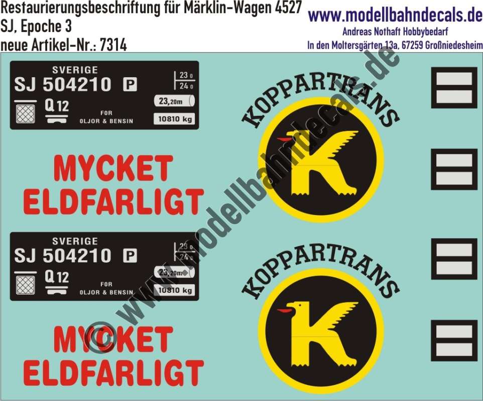 Nass-Schiebebilder: Restaurierungs-Decals Beschriftung für Kesselwagen der SJ von Märklin (Nummer 4527). Artikel-Nummer: 7314