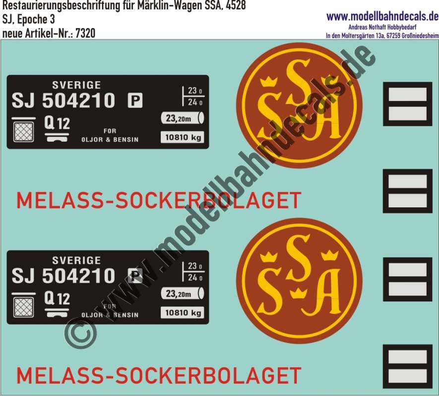 Nass-Schiebebilder: Restaurierungs-Decals Beschriftung für Kesselwagen der SJ SSA (Melass-Sockerbolaget), (von Märklin Nummer 4528). Artikel-Nummer: 7320