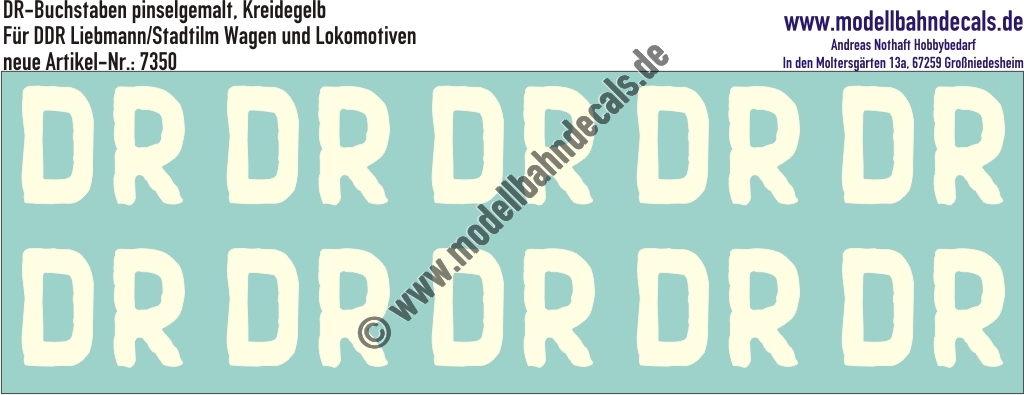 "Nass-Schiebebilder: Restaurierungs-Decals Beschriftungen für alte Blechwagen von Liebmann/Stadtilm, DR in Buchstaben, Kreidegelb für Lokomotiven und Wagen. Artikel-Nummer: 7350"