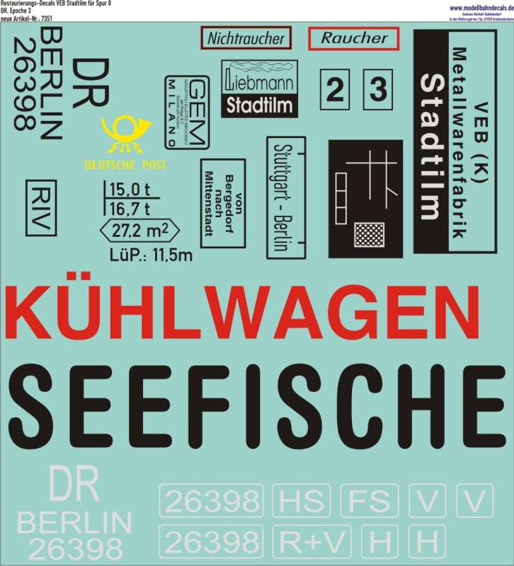 Nass-Schiebebilder: Restaurierungs-Decals Beschriftungen für Spur 0 Fahrzeuge von Stadtilm, DR Epoche 3 - natürlich auch in anderen Maßstäben erhältlich. Artikel-Nummer: 7351