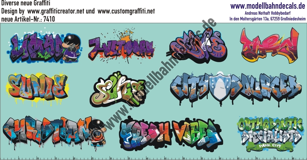 "Nass-Schiebebilder: Graffiti-Set 1, Design by www.graffiticreator.net and www.customgraffiti.net. Artikel-Nummer: 7410"
