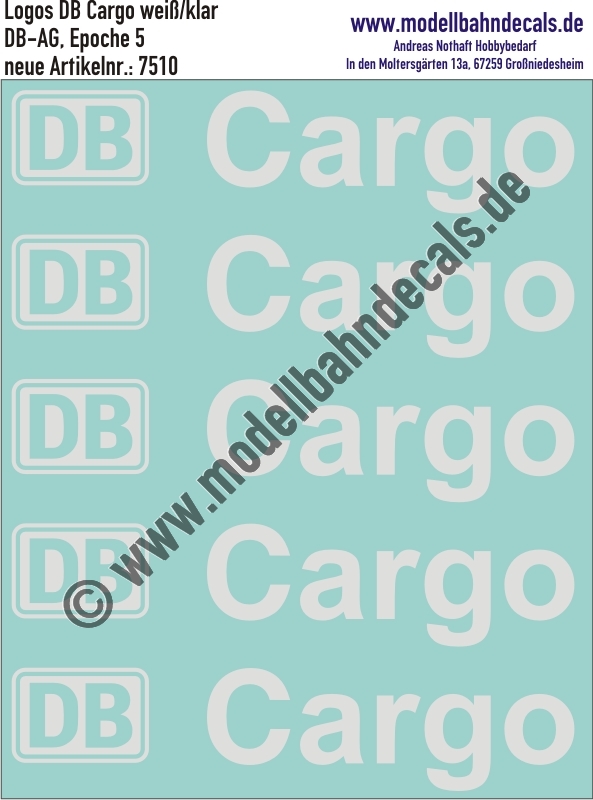 Nass-Schiebebilder: DB-Cargo Schrifzug nur Weiss auf Klar. Artikel-Nummer: 7510