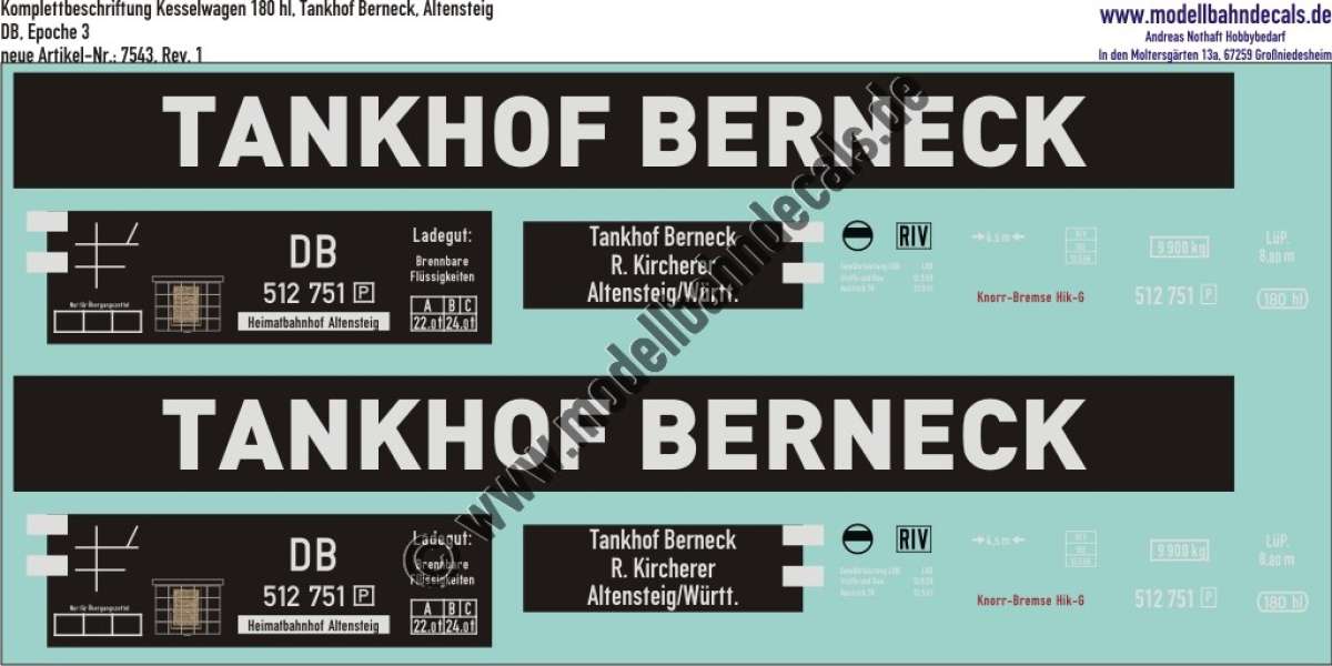 "Nass-Schiebebilder: Güterwagen-Komplettbeschriftung 180 hl Kesselwagen Tankhof Berneck, Altensteig/Schwarzwald - DB Epoche 3. Artikel-Nummer: 7543"