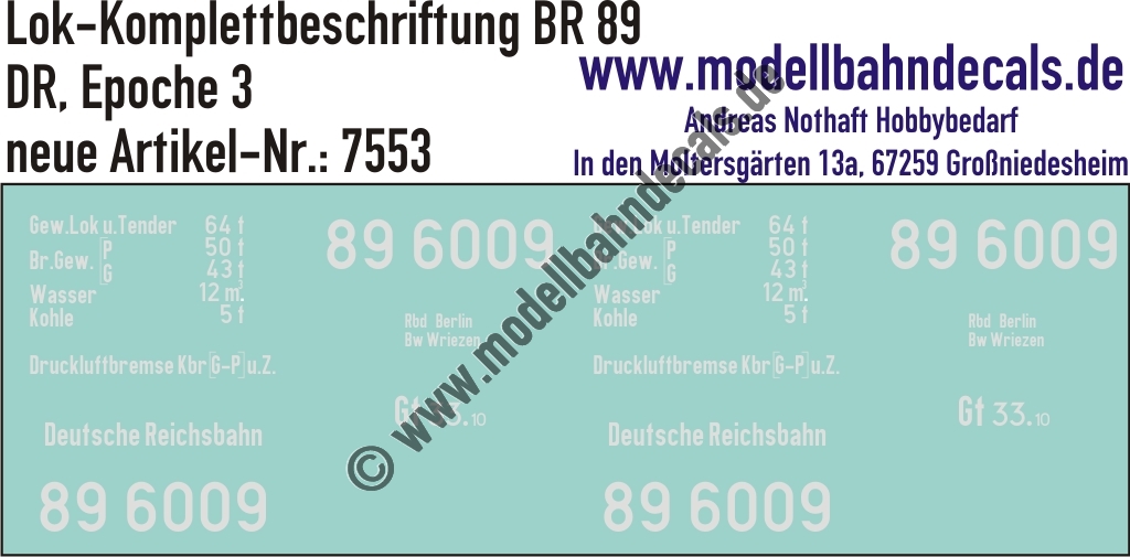"Nass-Schiebebilder: Lok-Komplettbeschriftung BR 89, DR, Epoche 3. Artikel-Nummer: 7553"