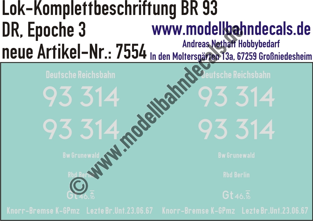"Nass-Schiebebilder: Lok-Komplettbeschriftung BR 93, DR, Epoche 3. Artikel-Nummer: 7554"