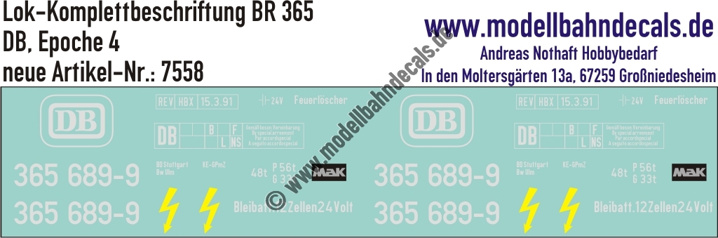 "Nass-Schiebebilder: Lok-Komplettbeschriftung BR 365, DB, Epoche 4. Artikel-Nummer: 7558"