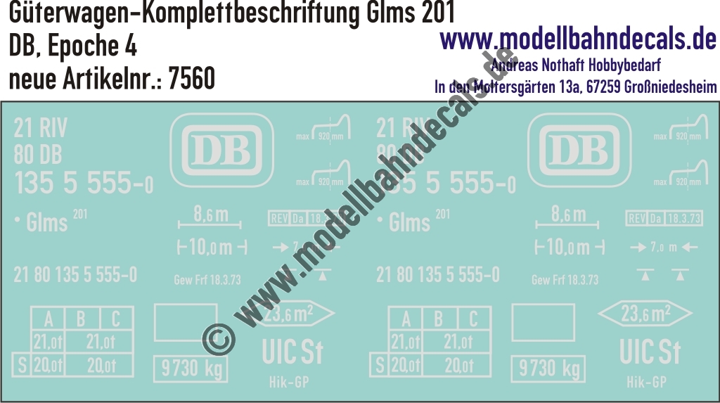 Nass-Schiebebilder: Güterwagen-Komplettbeschriftung Glms 201 - DB Epoche 4. Artikel-Nummer: 7560