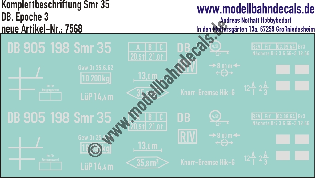 "Nass-Schiebebilder: Güterwagen-Komplettbeschriftung Smr 35 - DB, Epoche 3. Artikel-Nummer: 7568"