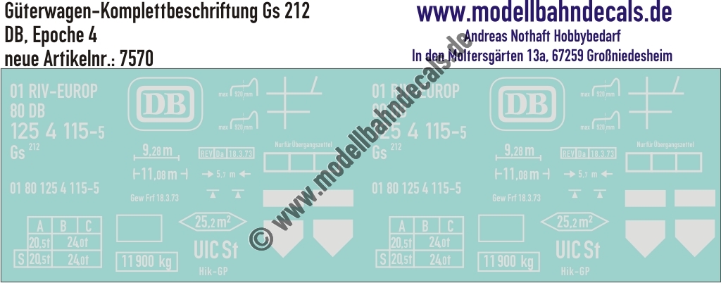 Nass-Schiebebilder: Güterwagen-Komplettbeschriftung Gs 212 - DB Epoche 4. Artikel-Nummer: 7570