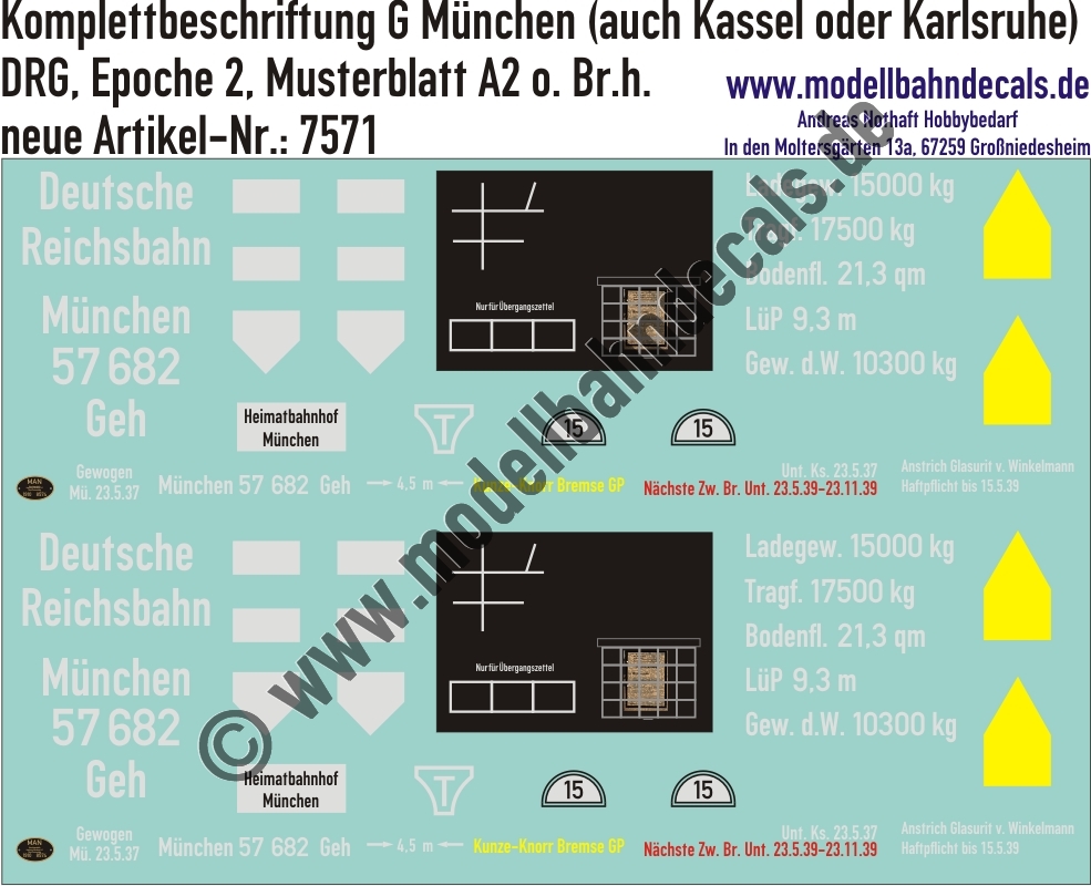 "Nass-Schiebebilder: Güterwagen-Komplettbeschriftung G München ohne Bremserhaus (auch möglich als Kassel oder Karlsruhe), DRG, Epoche 2. Artikel-Nummer: 7571"