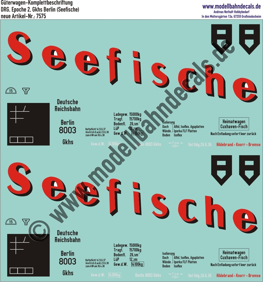 Nass-Schiebebilder: Güterwagen-Komplettbeschriftung Gkhs Berlin (Seefische) - DRG Epoche 2. Artikel-Nummer: 7575