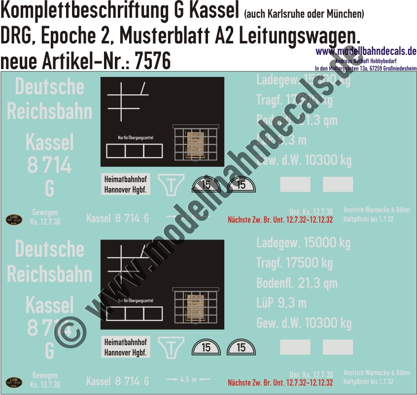 "Nass-Schiebebilder: Güterwagen-Komplettbeschriftung G Kassel Leitungswagen (auch möglich als Karlsruhe oder München), DRG, Epoche 2. Artikel-Nummer: 7576"