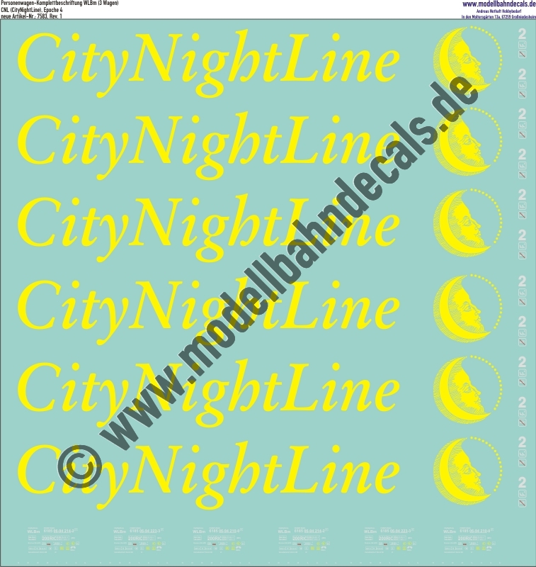 "Nass-Schiebebilder: Personenwagen-Komplettbeschriftung CityNightLine (CNL), WLBm (3 Wagen), Epoche 4. Artikel-Nummer: 7583"