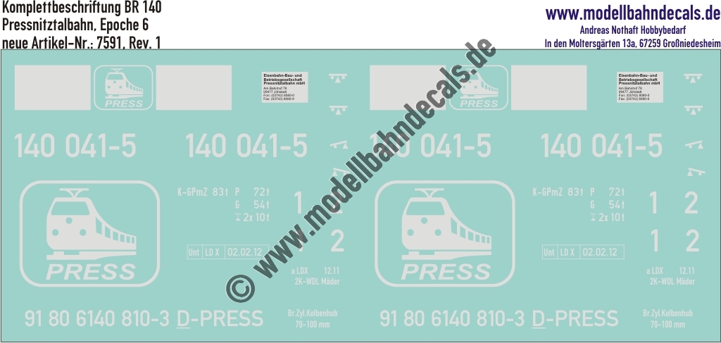 "Nass-Schiebebilder: Lok-Komplettbeschriftung BR 140 Pressnitztalbahn, Epoche 6. Artikel-Nummer: 7591"