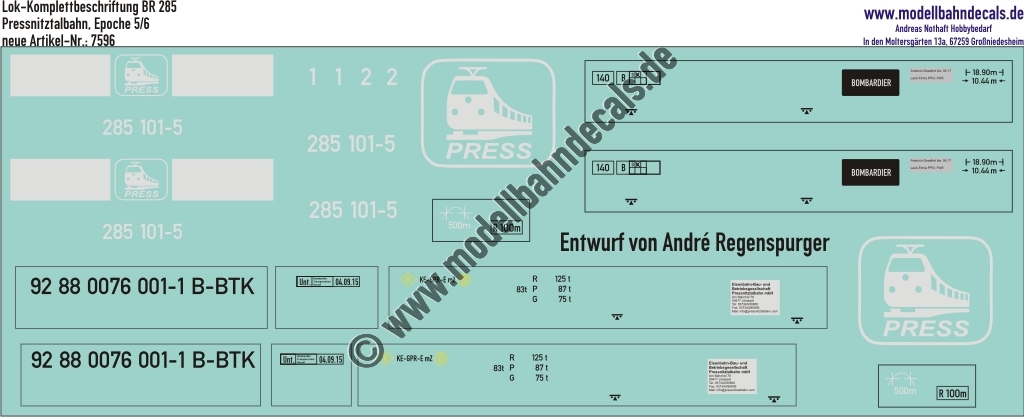 "Nass-Schiebebilder: Lok-Komplettbeschriftung BR 285 Pressnitztalbahn, Epoche 6. Artikel-Nummer: 7596"