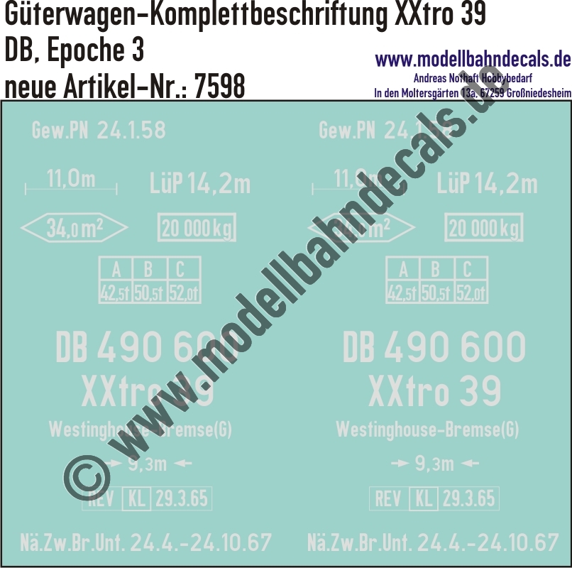 Nass-Schiebebilder: Güterwagen-Komplettbeschriftung XXtro 39 - DB Epoche 3. Artikel-Nummer: 7598