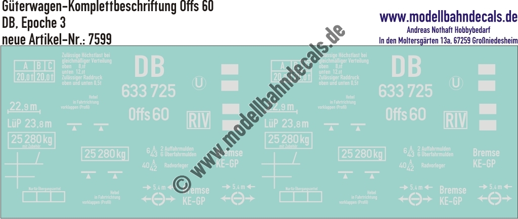 "Nass-Schiebebilder: Güterwagen-Komplettbeschriftung Offs 60 (Autotransportwagen, Doppeleinheit) - DB Epoche 3. Artikel-Nummer: 7599"