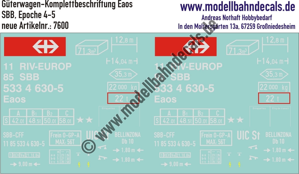 Nass-Schiebebilder: Güterwagen-Komplettbeschriftung Eaos - SBB Epoche 4. Artikel-Nummer: 7600