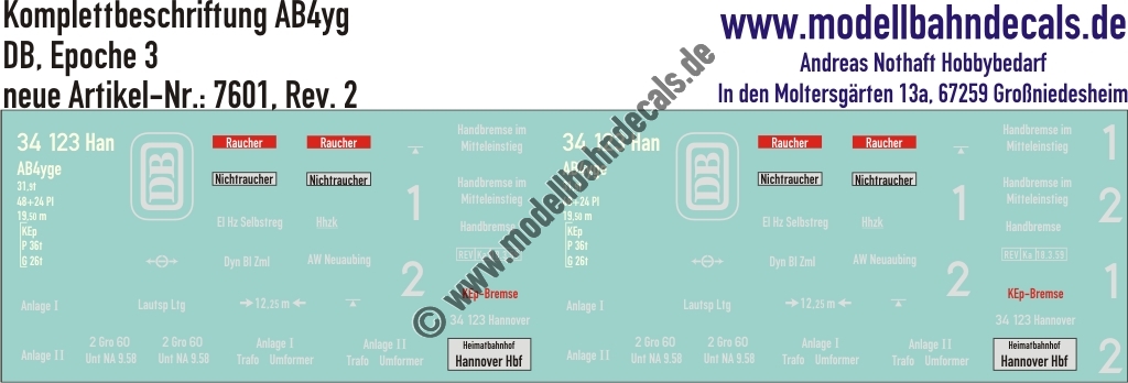 "Nass-Schiebebilder: Personenwagen-Komplettbeschriftung AB4yge, DB, Epoche 3. Artikel-Nummer: 7601"